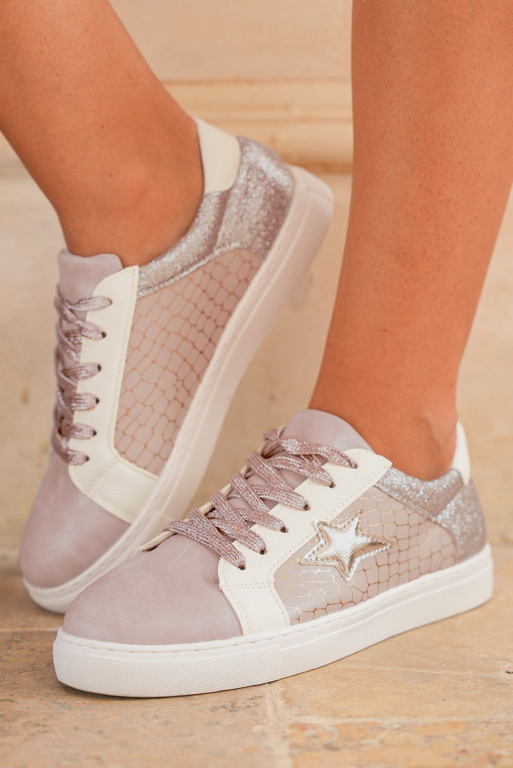Gold Glitter Star Patchwork Sneakers, Lace-Up Shoes for a Sparkly Casual Look