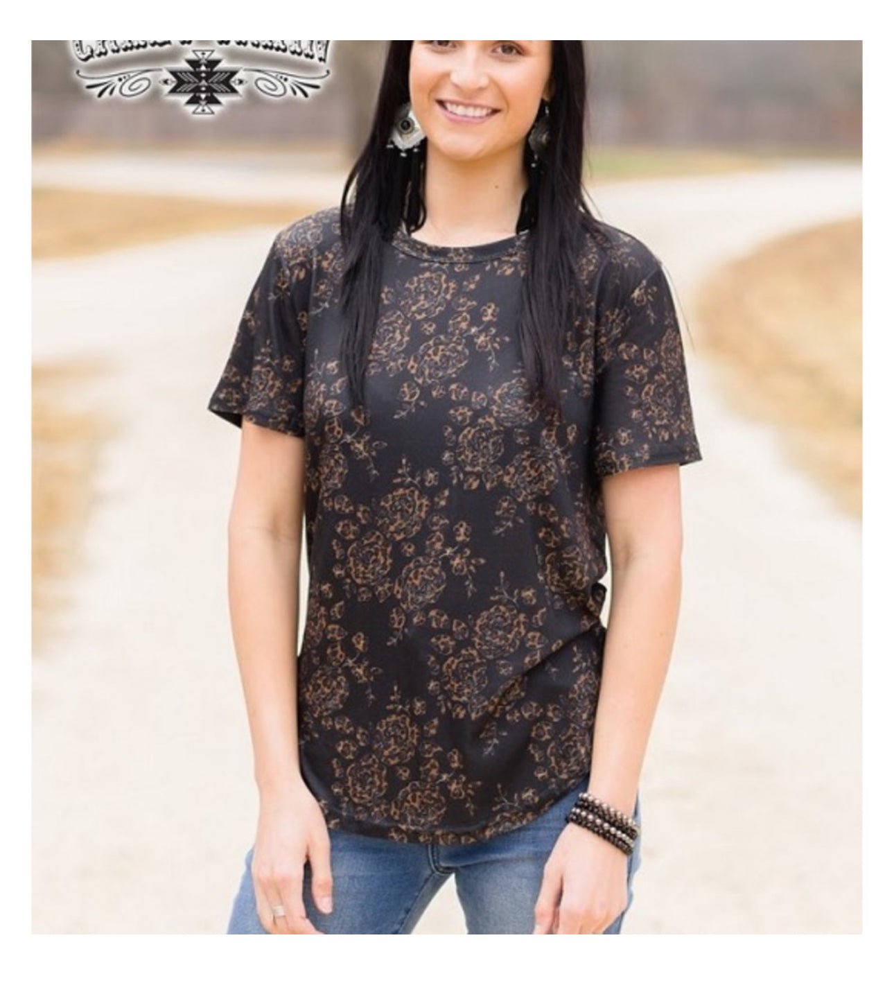 $10 Tooled Leather Flower Tee – Black High - Low (Medium & Large) - Razels