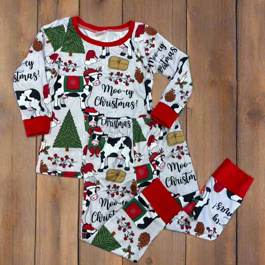 Matching Family “Moo-ey Christmas” Pajamas – Western Cow Print Holiday PJs | Kids & Adult Sets
