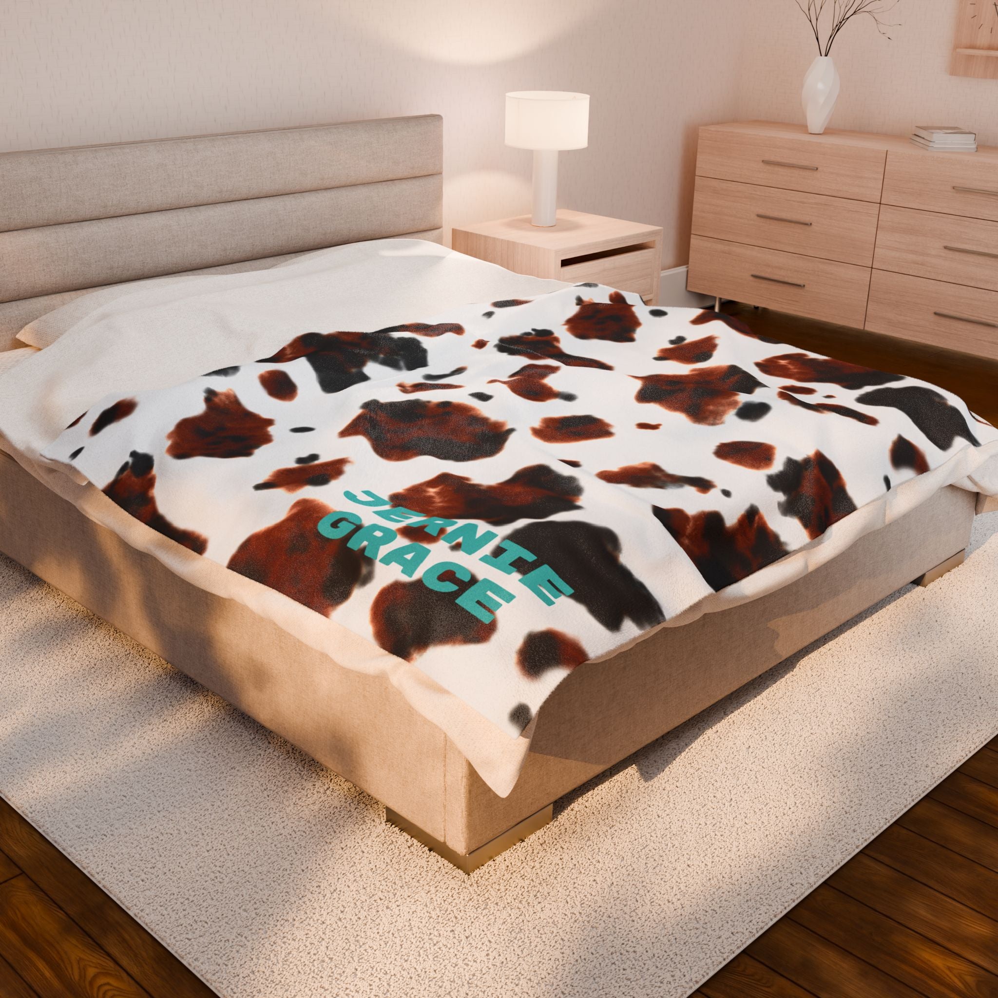 Personalized Cowprint Blanket, Velveteen Plush Throw, Custom Name Gift for College Dorm, Camper, New Home, Made in USA, 3 Sizes