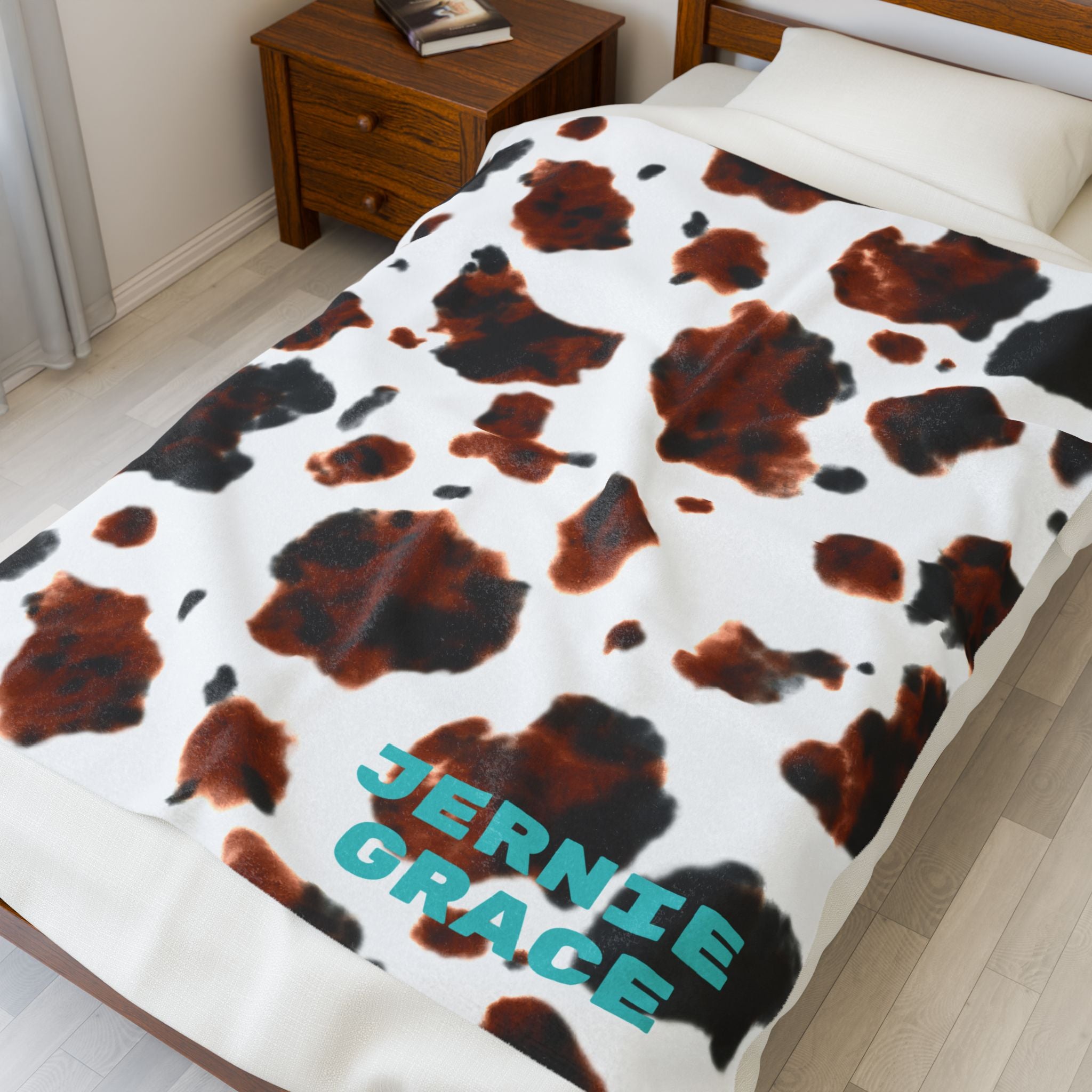 Personalized Cowprint Blanket, Velveteen Plush Throw, Custom Name Gift for College Dorm, Camper, New Home, Made in USA, 3 Sizes