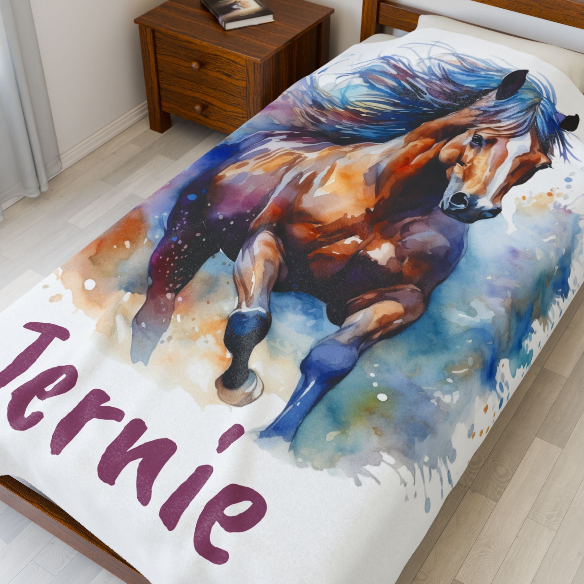 Personalized Horse Girl Blanket, Watercolor Horse Name Blanket | Personalized Plush Throw for Horse Girls, Cowgirl Bed Decor