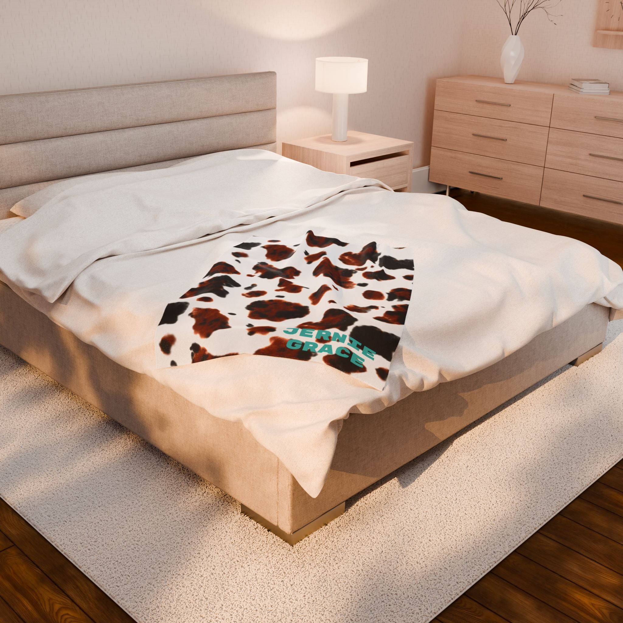 Personalized Cowprint Blanket, Velveteen Plush Throw, Custom Name Gift for College Dorm, Camper, New Home, Made in USA, 3 Sizes