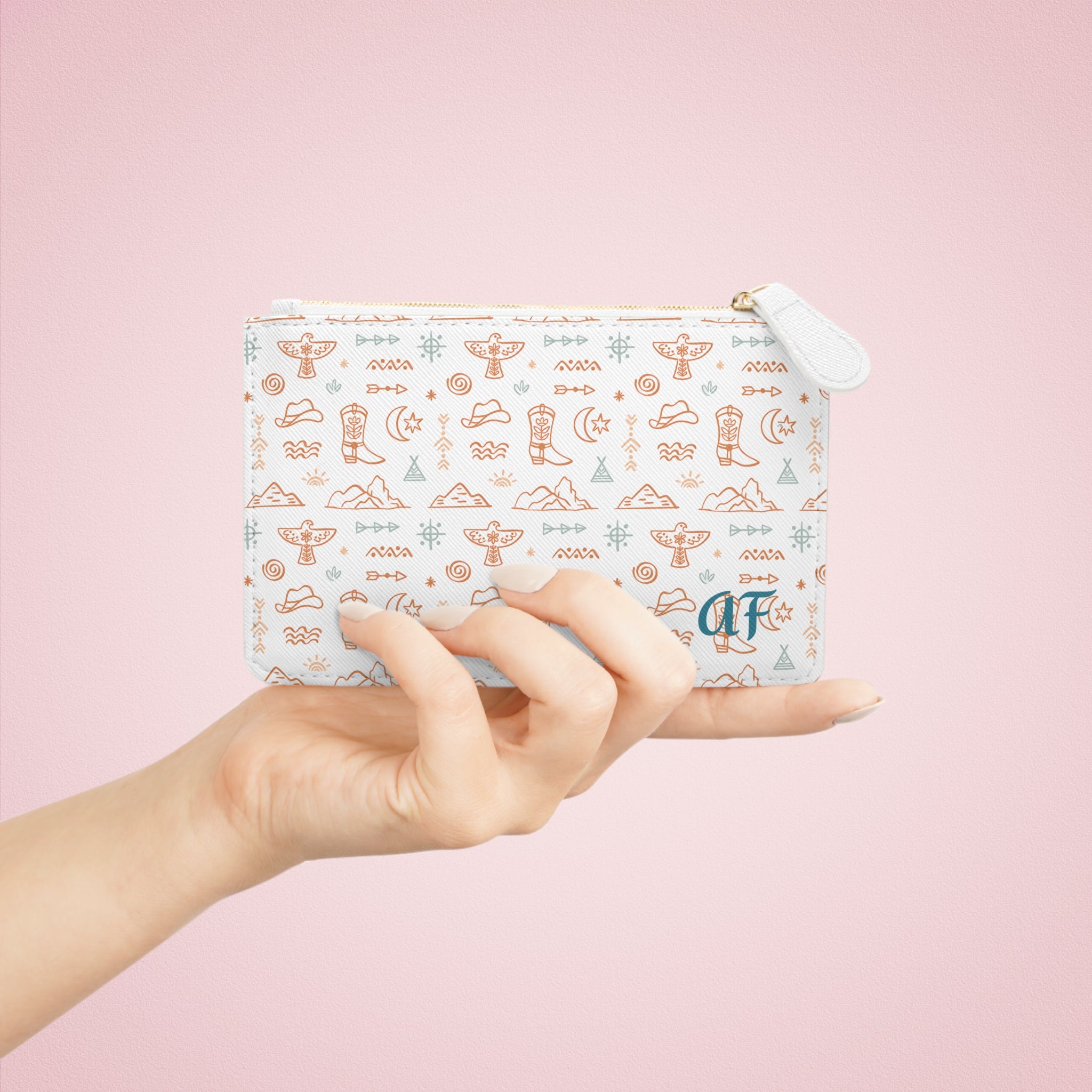 Personalized Western Mini Clutch,  Beige & Turquoise Cowgirl Zip Bag with Name or Initials | Faux Leather Purse for Girls, Gifts, Travel