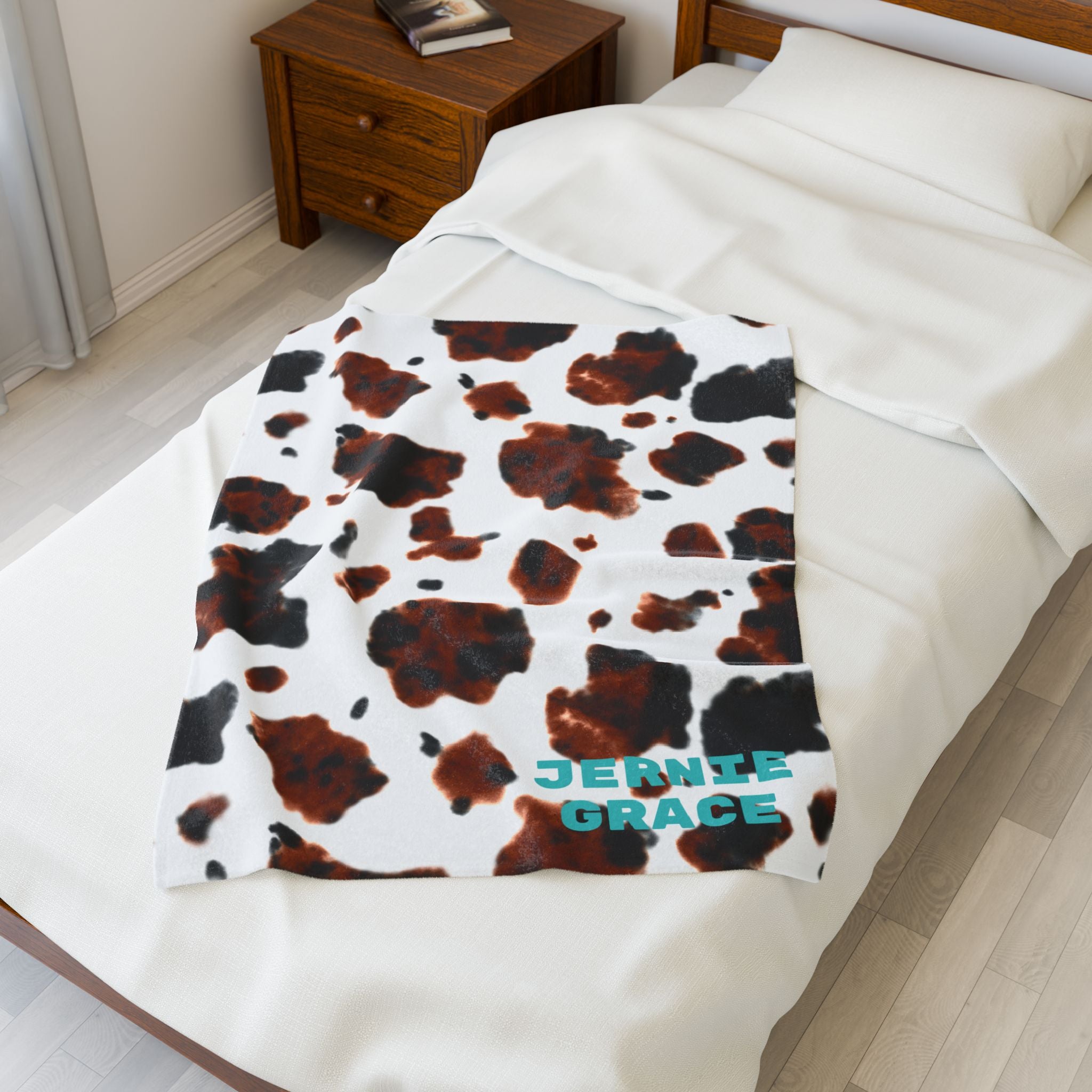 Personalized Cowprint Blanket, Velveteen Plush Throw, Custom Name Gift for College Dorm, Camper, New Home, Made in USA, 3 Sizes