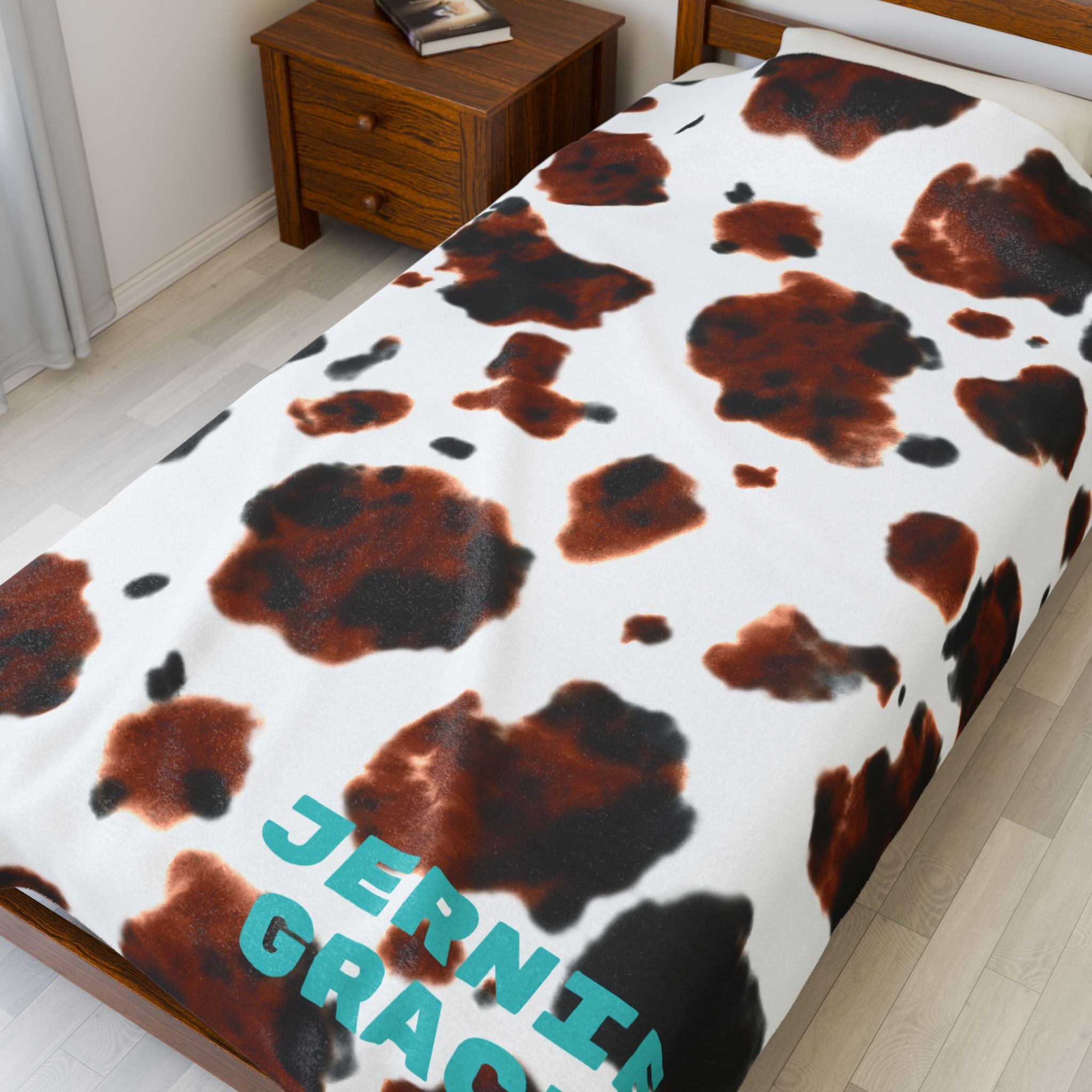 Personalized Cowprint Blanket, Velveteen Plush Throw, Custom Name Gift for College Dorm, Camper, New Home, Made in USA, 3 Sizes