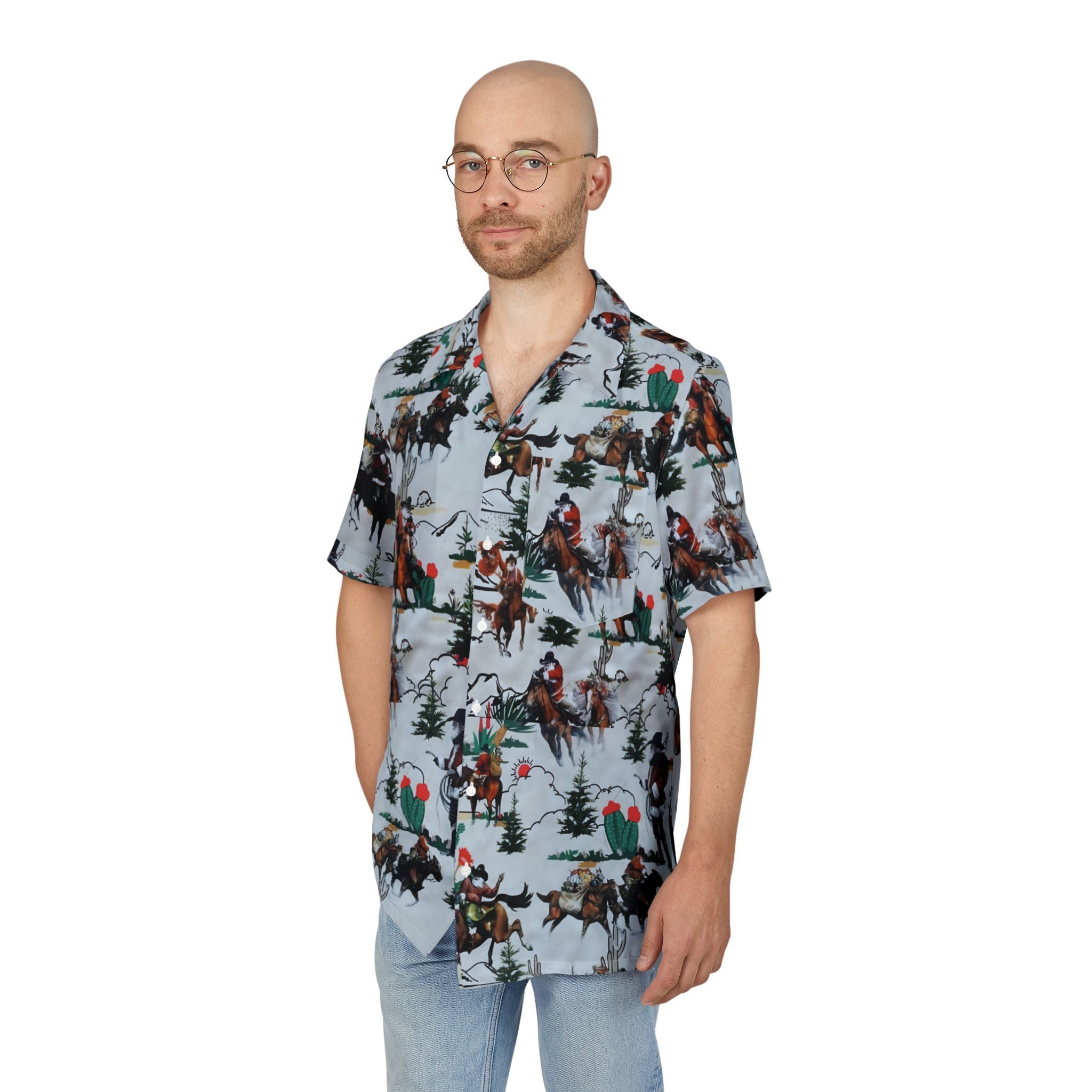 Cowboy Santa Shirt | Hawaiian Style Button Down | Western Christmas Shirt | Unisex Holiday Shirt | Vacation Cowboy Top
