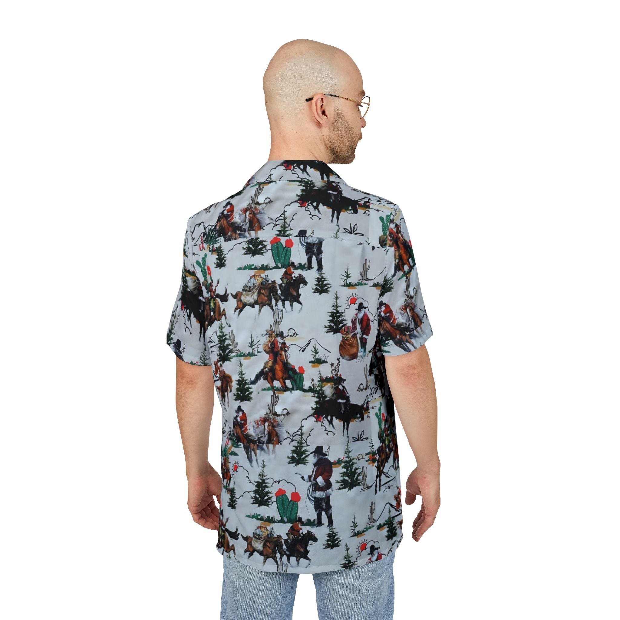 Cowboy Santa Shirt | Hawaiian Style Button Down | Western Christmas Shirt | Unisex Holiday Shirt | Vacation Cowboy Top