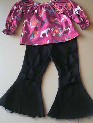 Girls Horse Outfit: Ruffled Blouse & Distressed Black Bell Bottom Jeans