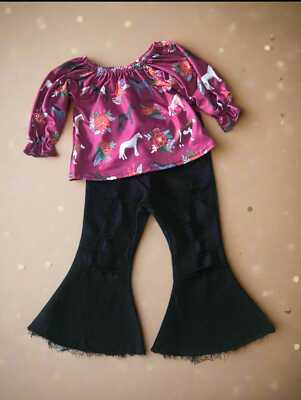 Girls Horse Outfit: Ruffled Blouse & Distressed Black Bell Bottom Jeans