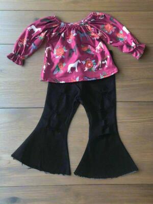 Girls Horse Outfit: Ruffled Blouse & Distressed Black Bell Bottom Jeans