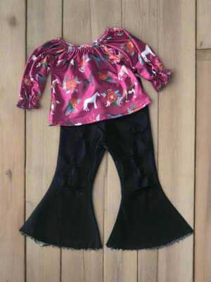 Girls Horse Outfit: Ruffled Blouse & Distressed Black Bell Bottom Jeans