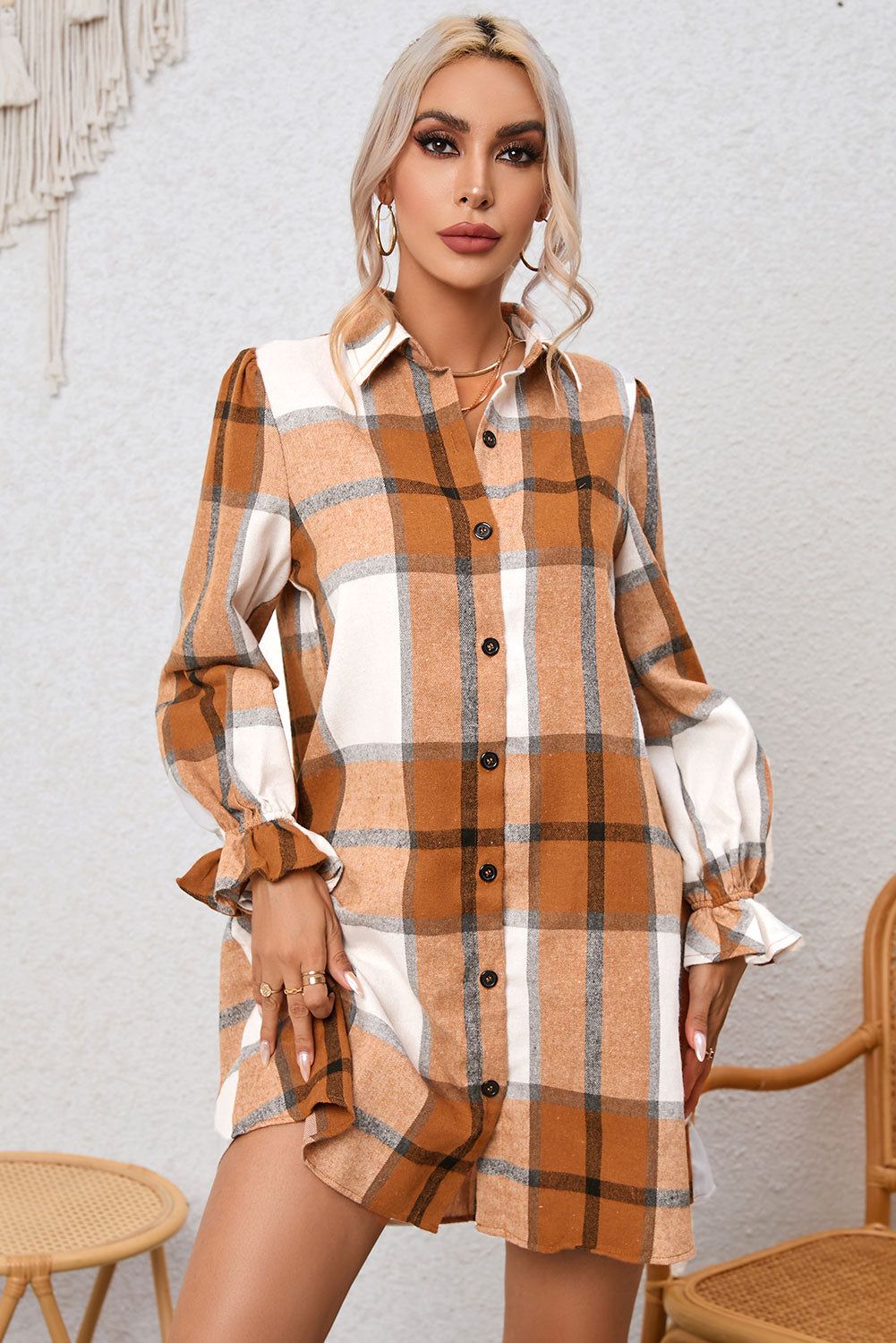 Khaki Plaid Shirt Dress – Ruffled Sleeve Button Up Women’s Fall Dress, Collared Plaid Mini Dress for Autumn Outfits