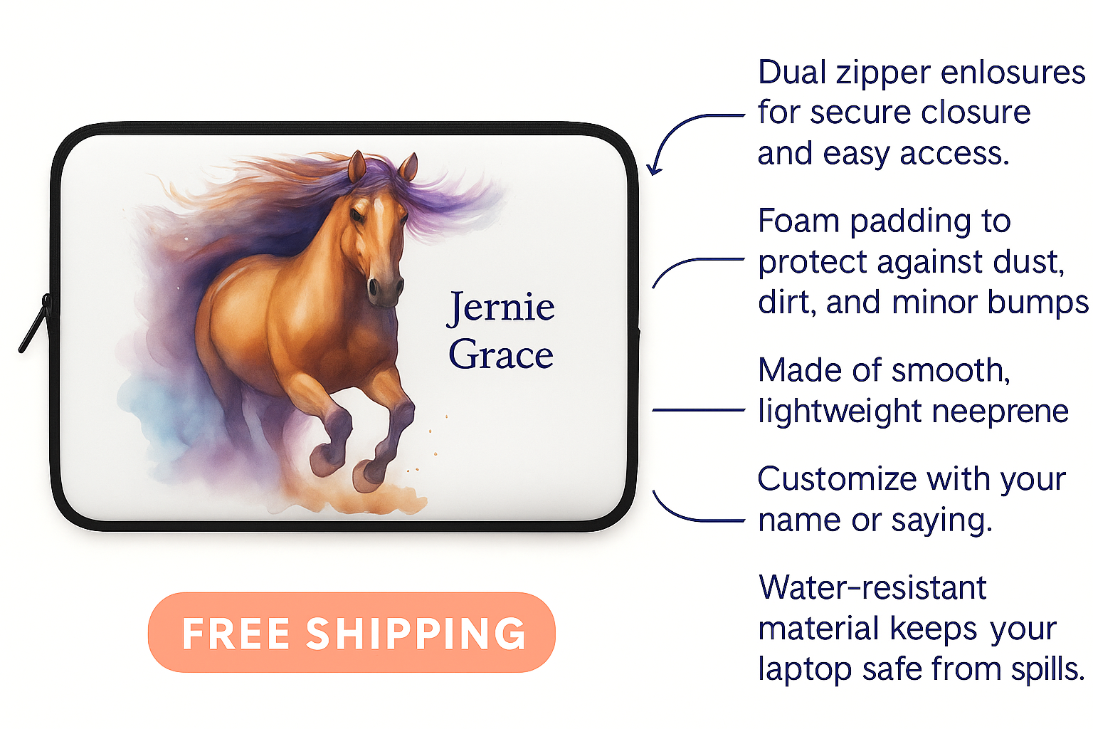 Personalized Horse Laptop Sleeve, Watercolor Horse Case, Custom Name Tech Sleeve, Back to School Gift, Horse Girl Gift, Cowgirl Laptop Cover
