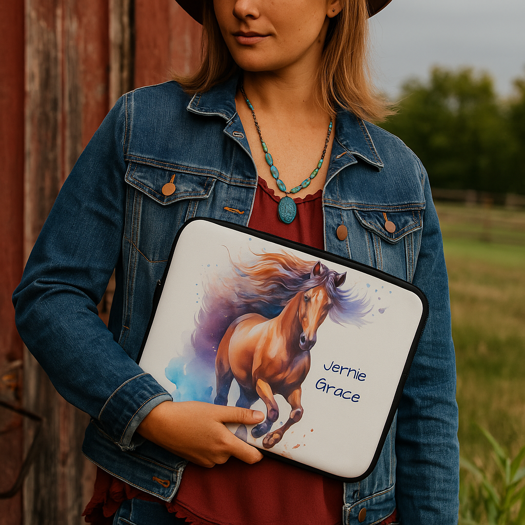 Personalized Horse Laptop Sleeve, Watercolor Horse Case, Custom Name Tech Sleeve, Back to School Gift, Horse Girl Gift, Cowgirl Laptop Cover