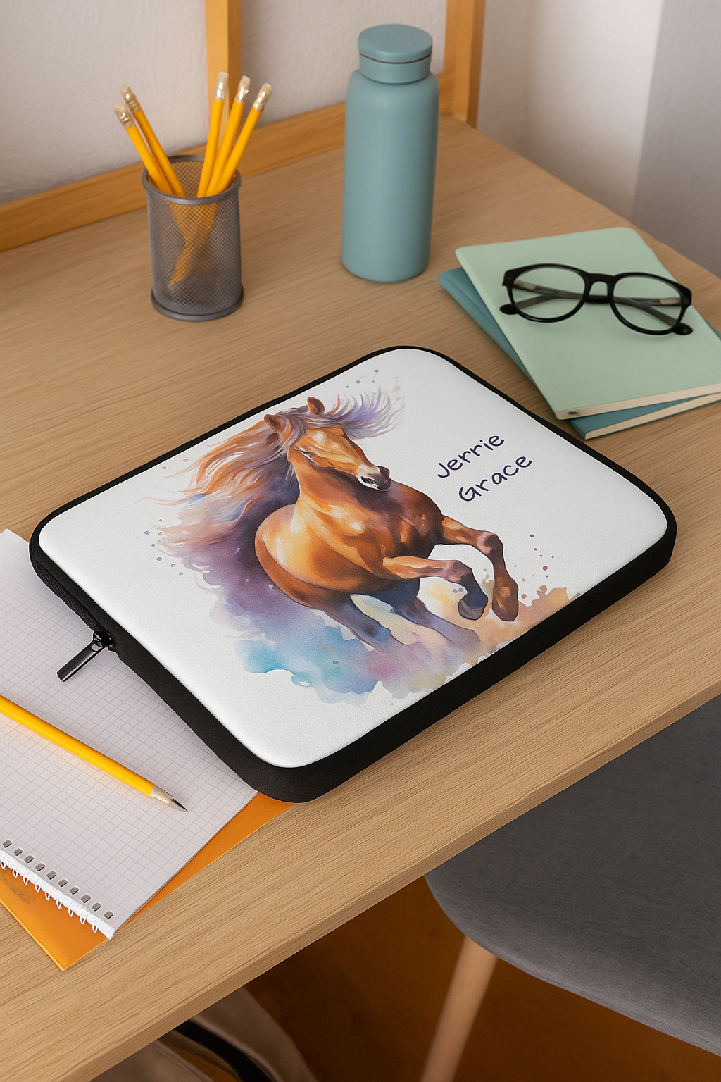 Personalized Horse Laptop Sleeve, Watercolor Horse Case, Custom Name Tech Sleeve, Back to School Gift, Horse Girl Gift, Cowgirl Laptop Cover