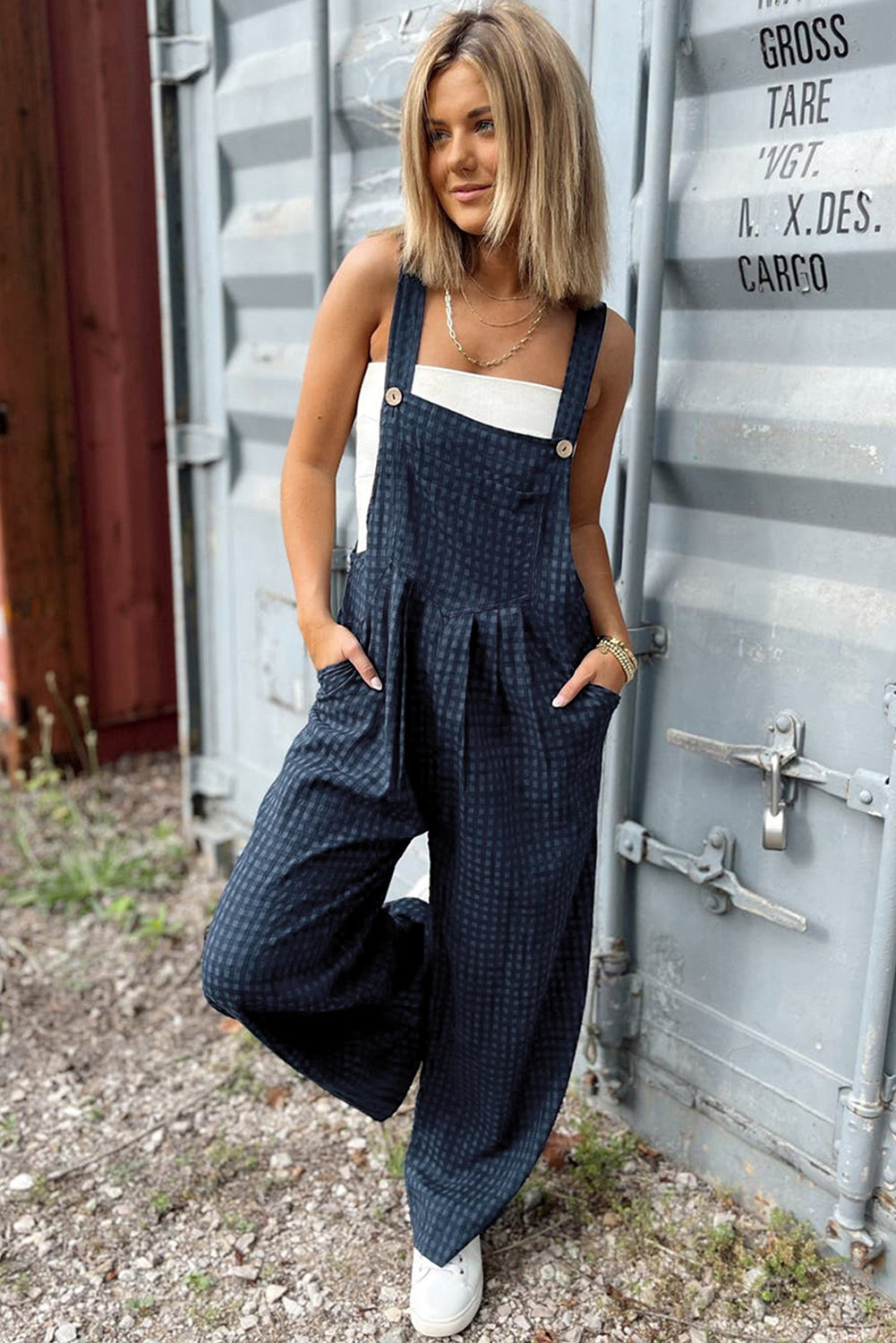 Blue Plaid Jumpsuit – Women's Pocketed Overalls Romper, Wide Leg Adjustable Summer Outfit