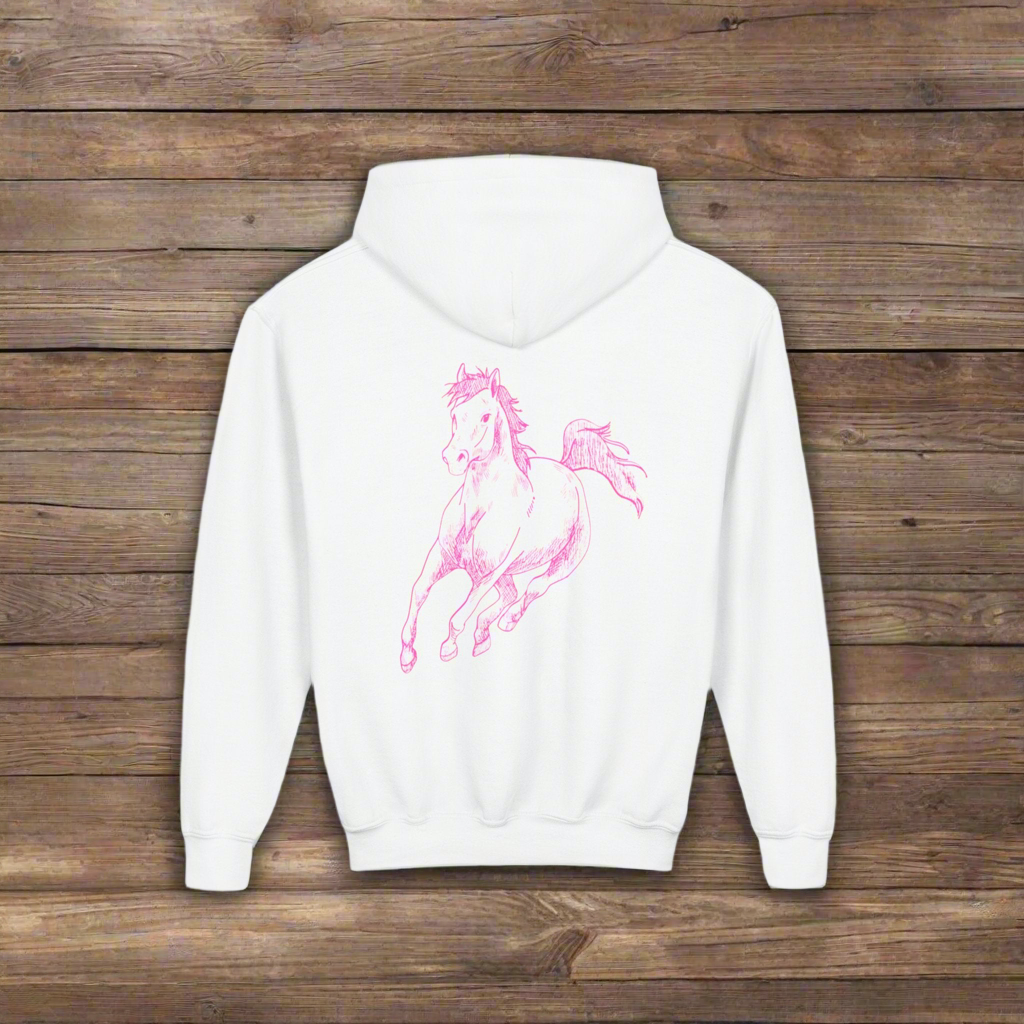 Custom Girls Horse Hoodie, Personalized Youth Sweatshirt, Pink Horse Gift, Equestrian Kids Pullover, Cowgirl Hoodie, Name Added