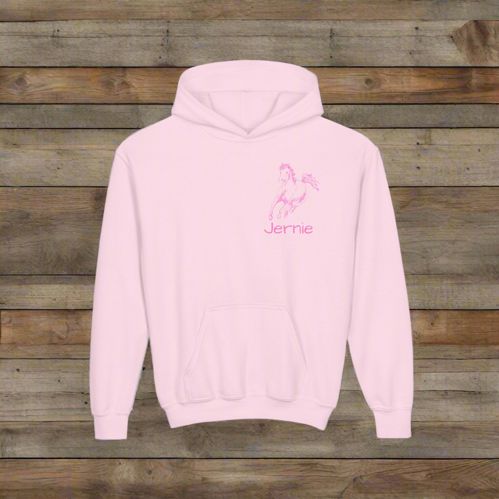 Custom Girls Horse Hoodie, Personalized Youth Sweatshirt, Pink Horse Gift, Equestrian Kids Pullover, Cowgirl Hoodie, Name Added