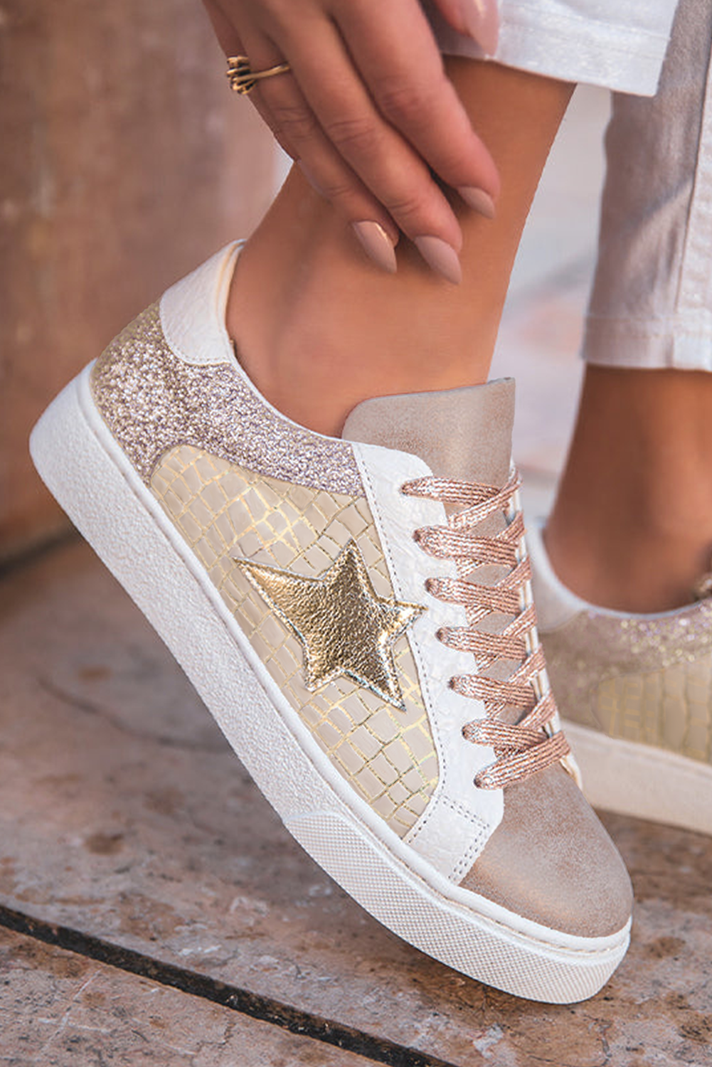 Gold Glitter Star Patchwork Sneakers, Lace-Up Shoes for a Sparkly Casual Look