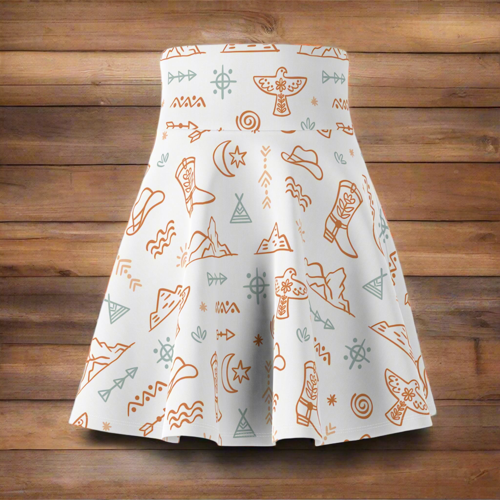 Western Print Skirt, Summer Cowgirl, Boho Cowgirl Skater Skirt, Western Thunderbird, Moon & Star Print