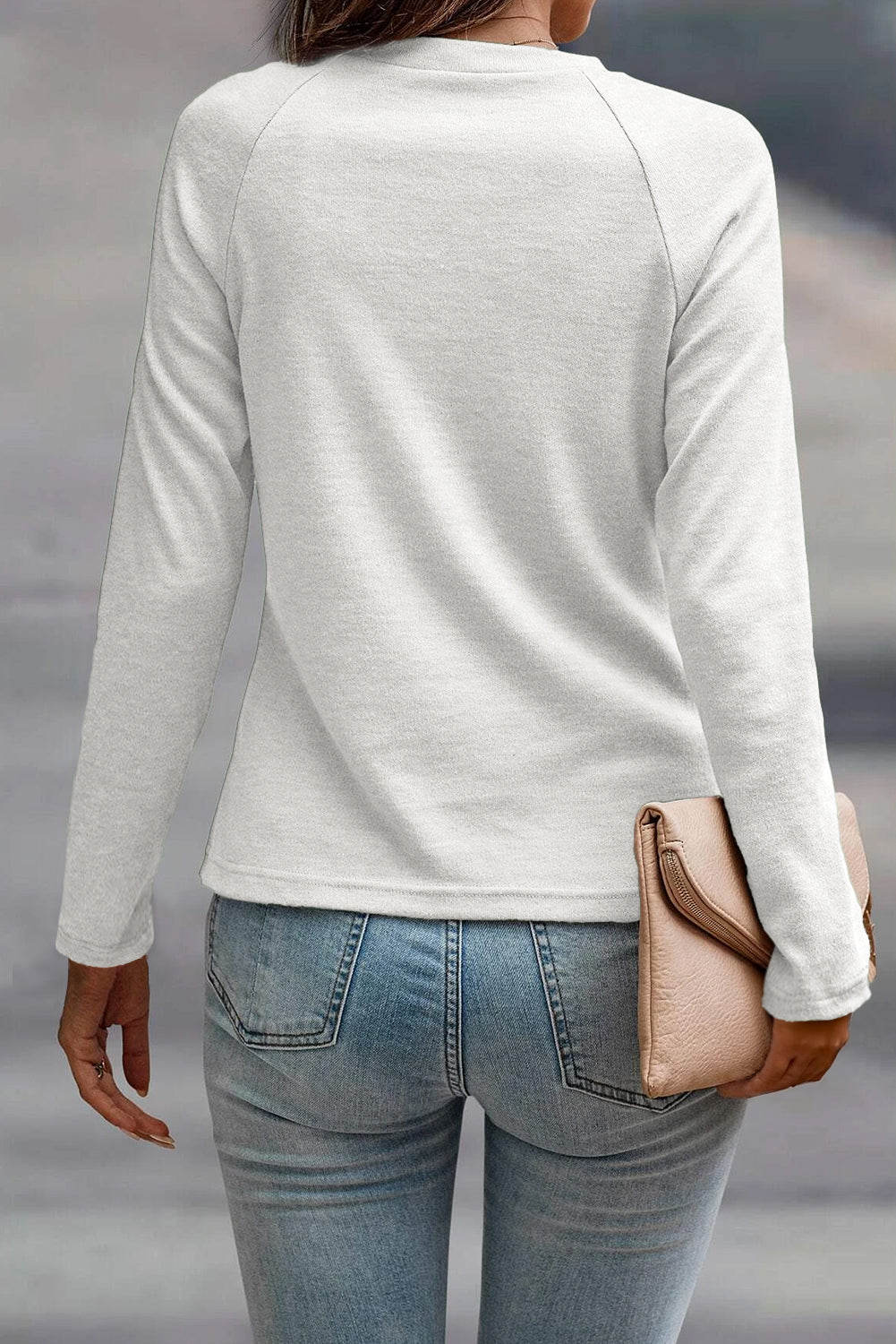 White Raglan Long Sleeve Top – Slim Fit Seam Detail Crewneck Shirt