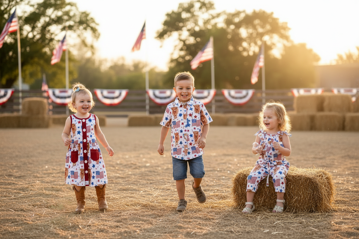 Children's clothing set with rompers, shirt, cowboy boots, and hat on a beige background