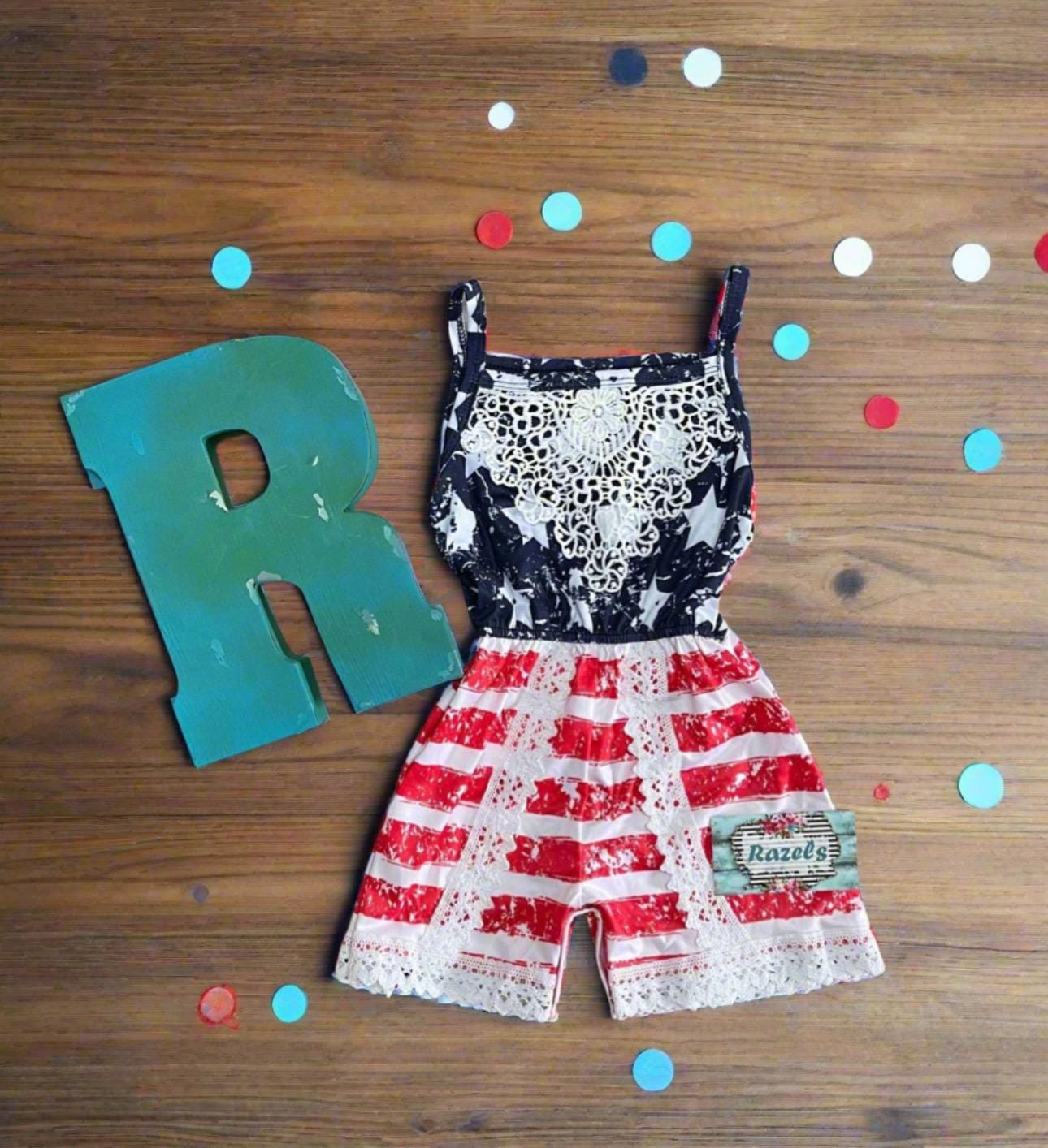 4th of July Girls Romper USA Flag Outfit Patriotic American Flag Jumpsuit Toddler Kids Summer Clothes -Razels
