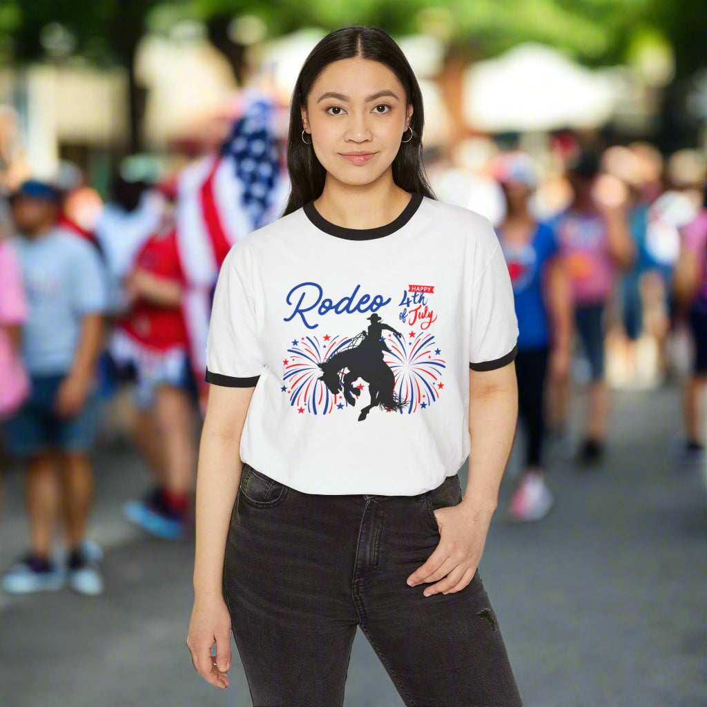4th of july ringer tshirt, bronc rider cowboy fireworks rodeo tshirt