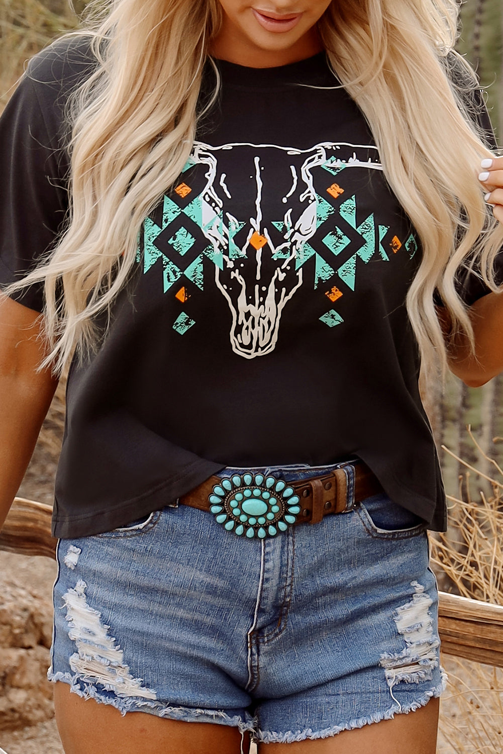 Carbon Grey Western Bull Skull Tee – Turquoise Aztec Cowgirl T-Shirt, Rodeo Summer Outfit