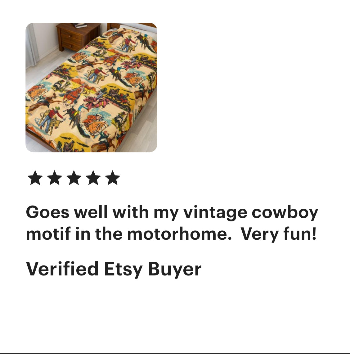 Bedspread with cowboy design in a room setting, featuring a five-star rating and verified Etsy buyer comment.