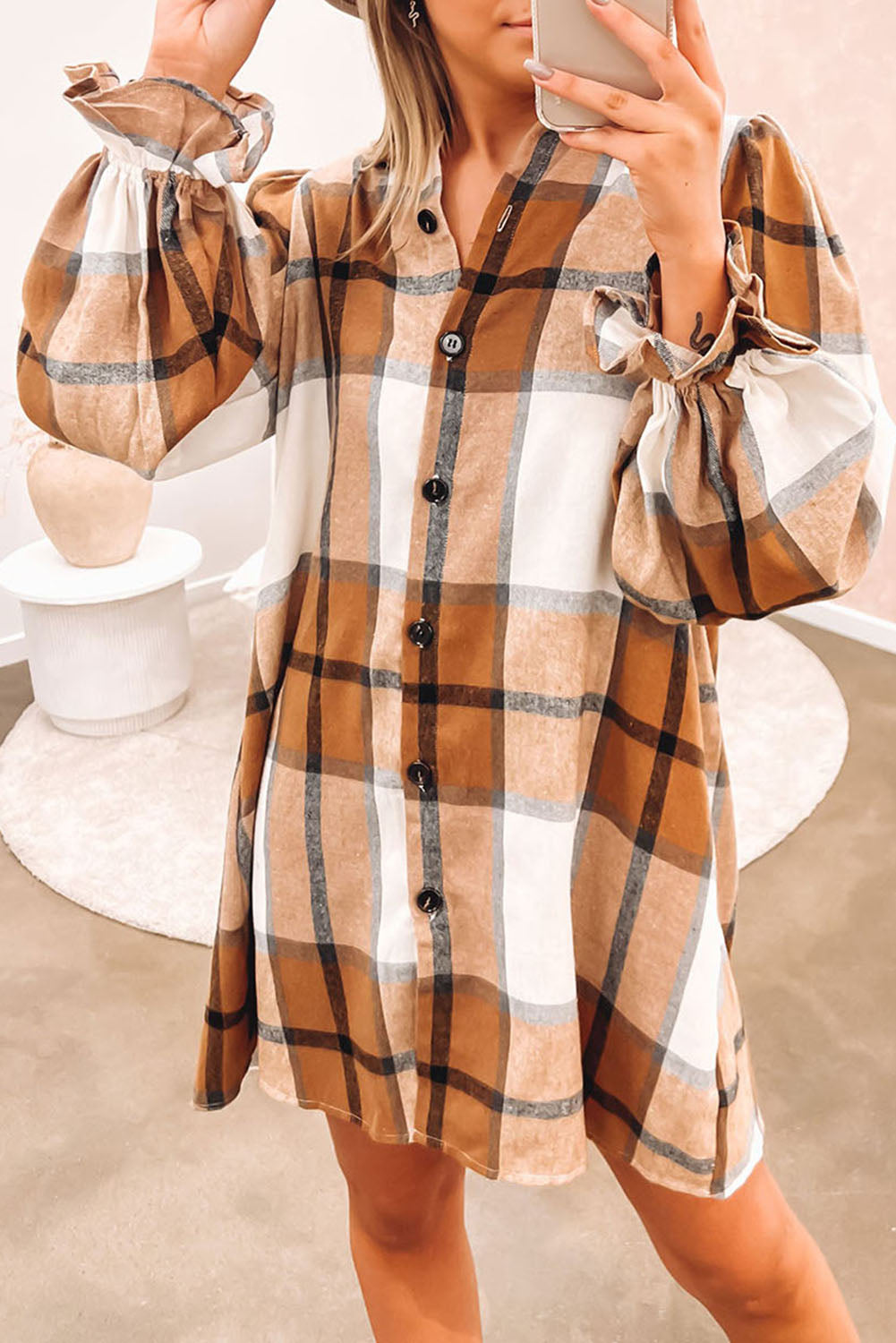 Khaki Plaid Shirt Dress – Ruffled Sleeve Button Up Women’s Fall Dress, Collared Plaid Mini Dress for Autumn Outfits