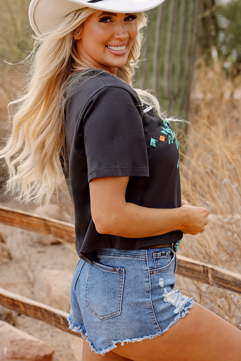 Carbon Grey Western Bull Skull Tee – Turquoise Aztec Cowgirl T-Shirt, Rodeo Summer Outfit