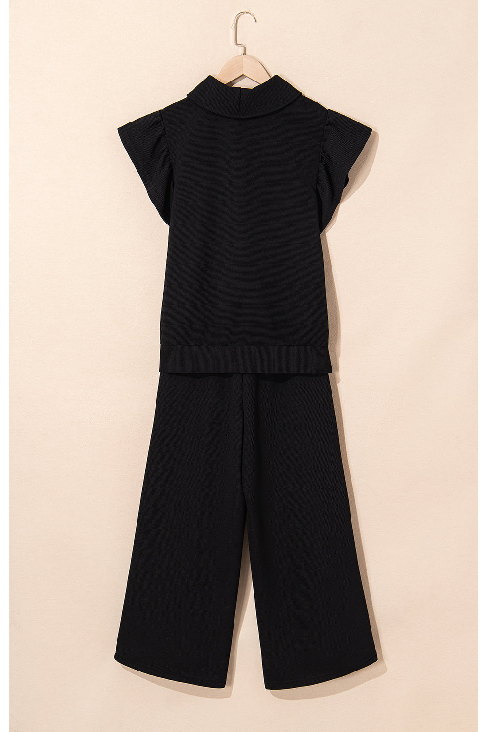 BlackTextured Ruffle Sleeve Two-Piece Set | Zipper Neck Top & Solid Color Pants