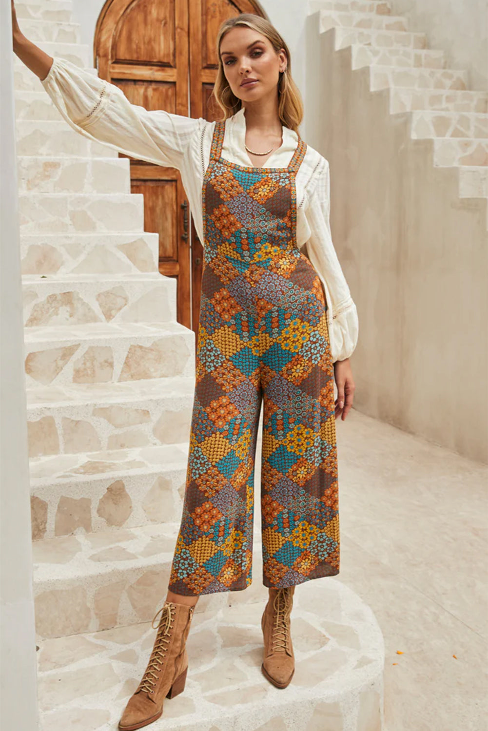 Boho Floral Jumpsuit Overalls | Adjustable Straps & Wide Leg Pants