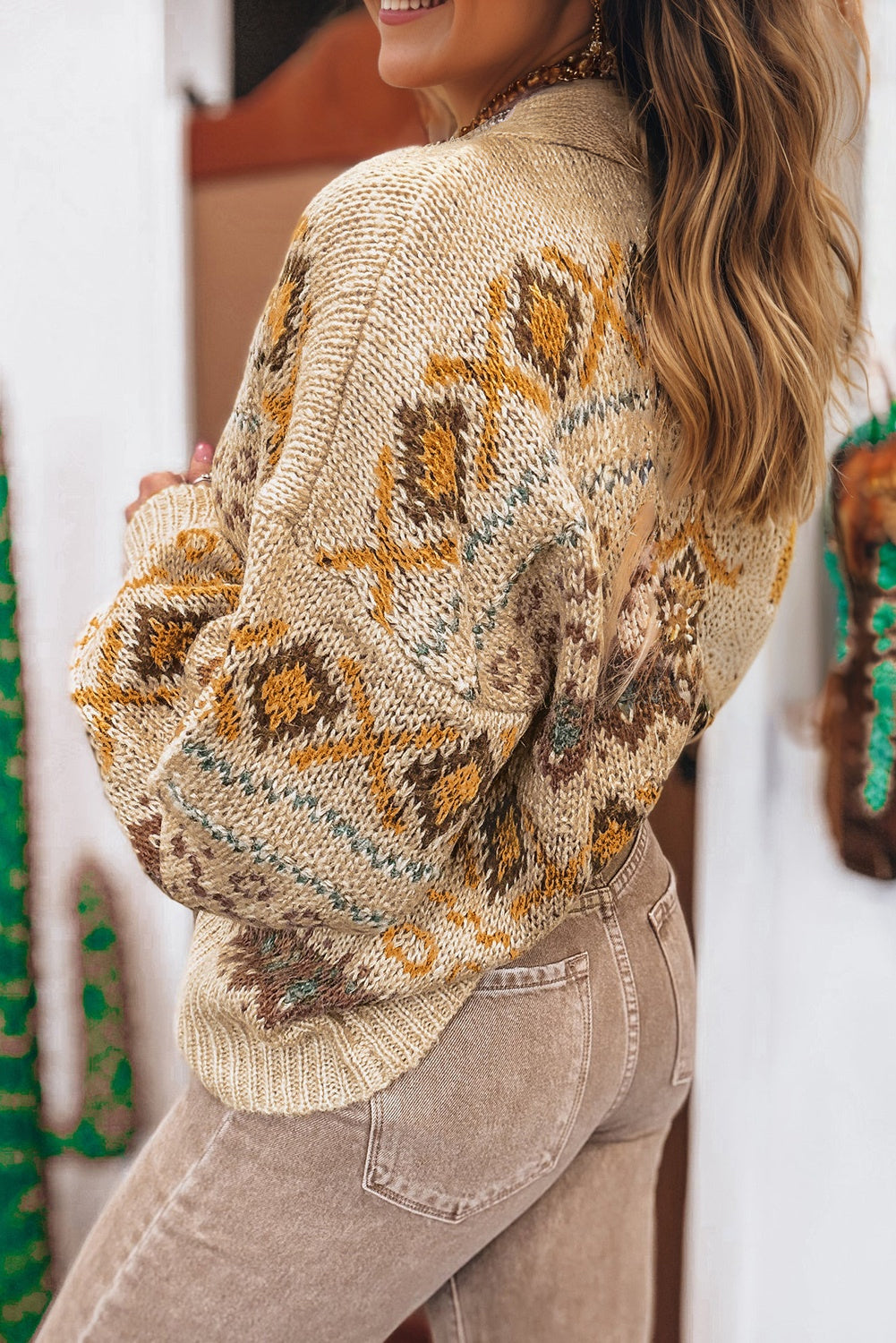 Women’s Western Cardigan Sweater – Khaki Aztec Knit V-Neck Button-Up
