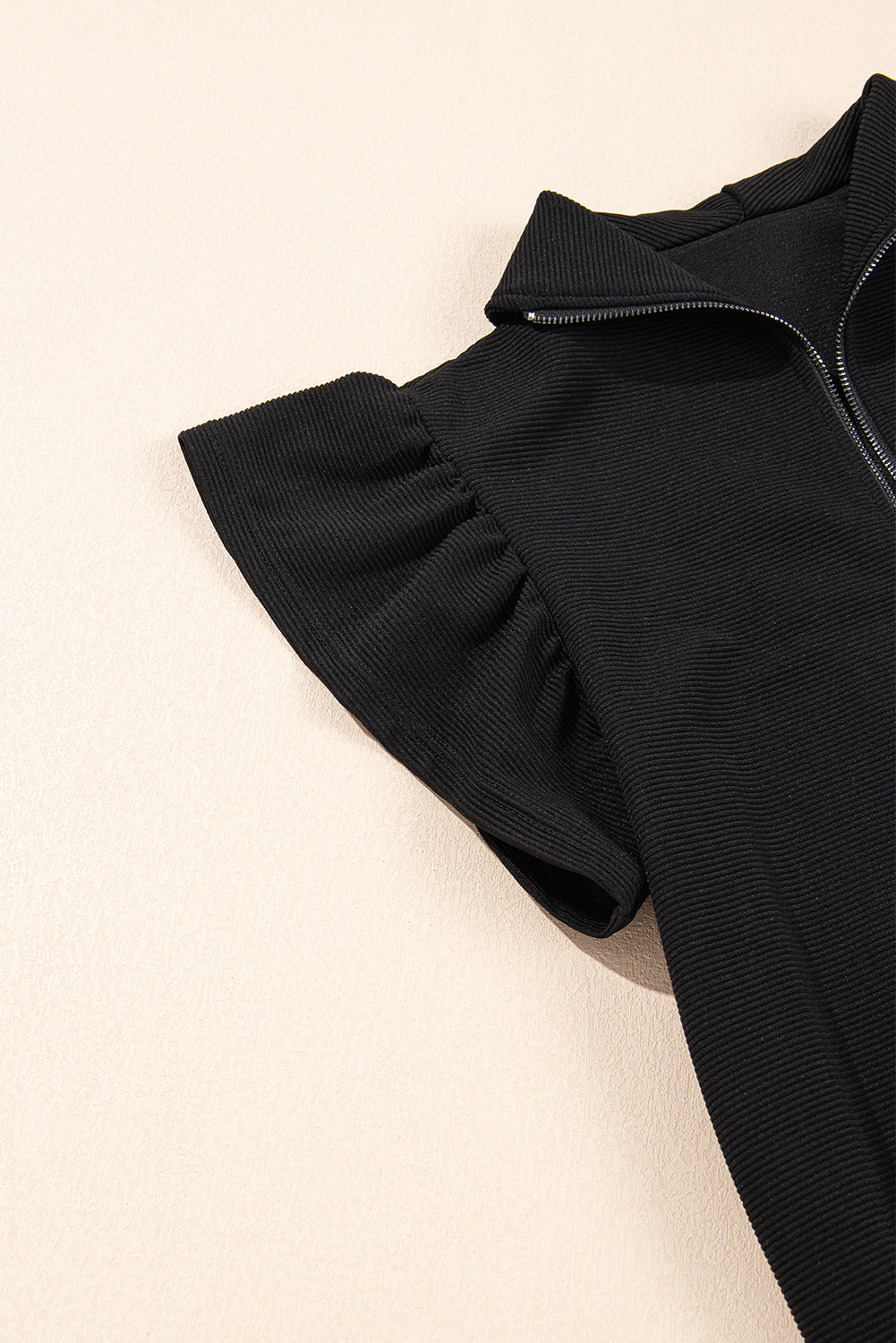 BlackTextured Ruffle Sleeve Two-Piece Set | Zipper Neck Top & Solid Color Pants