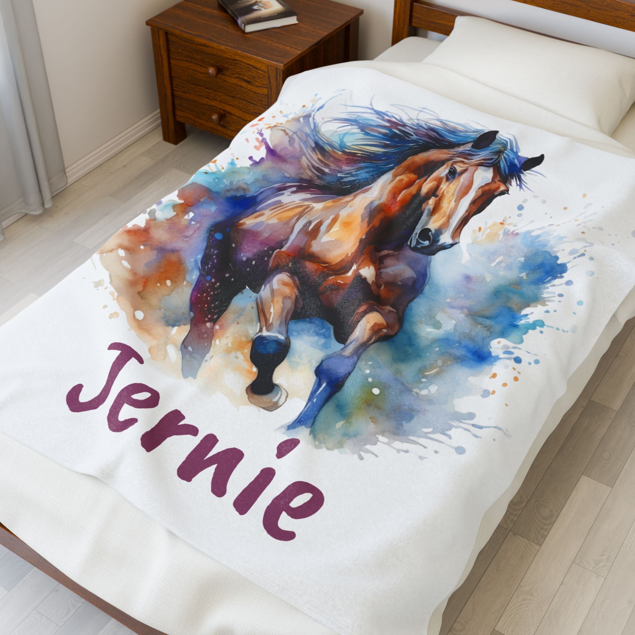Personalized Horse Girl Blanket, Watercolor Horse Name Blanket | Personalized Plush Throw for Horse Girls, Cowgirl Bed Decor