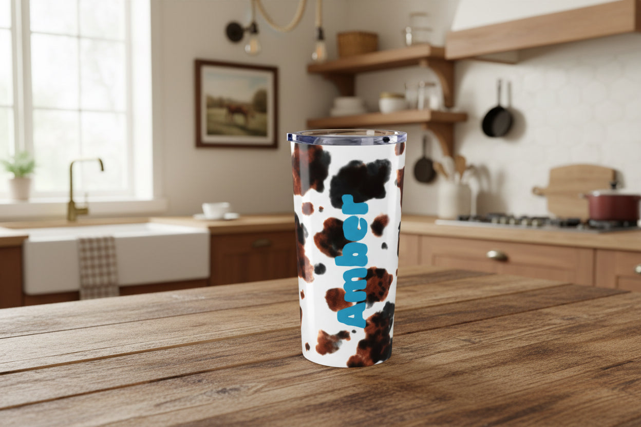 PERSONALIZED NAME Brindle Cow Print Tumbler, 20oz Stainless Steel Travel Mug