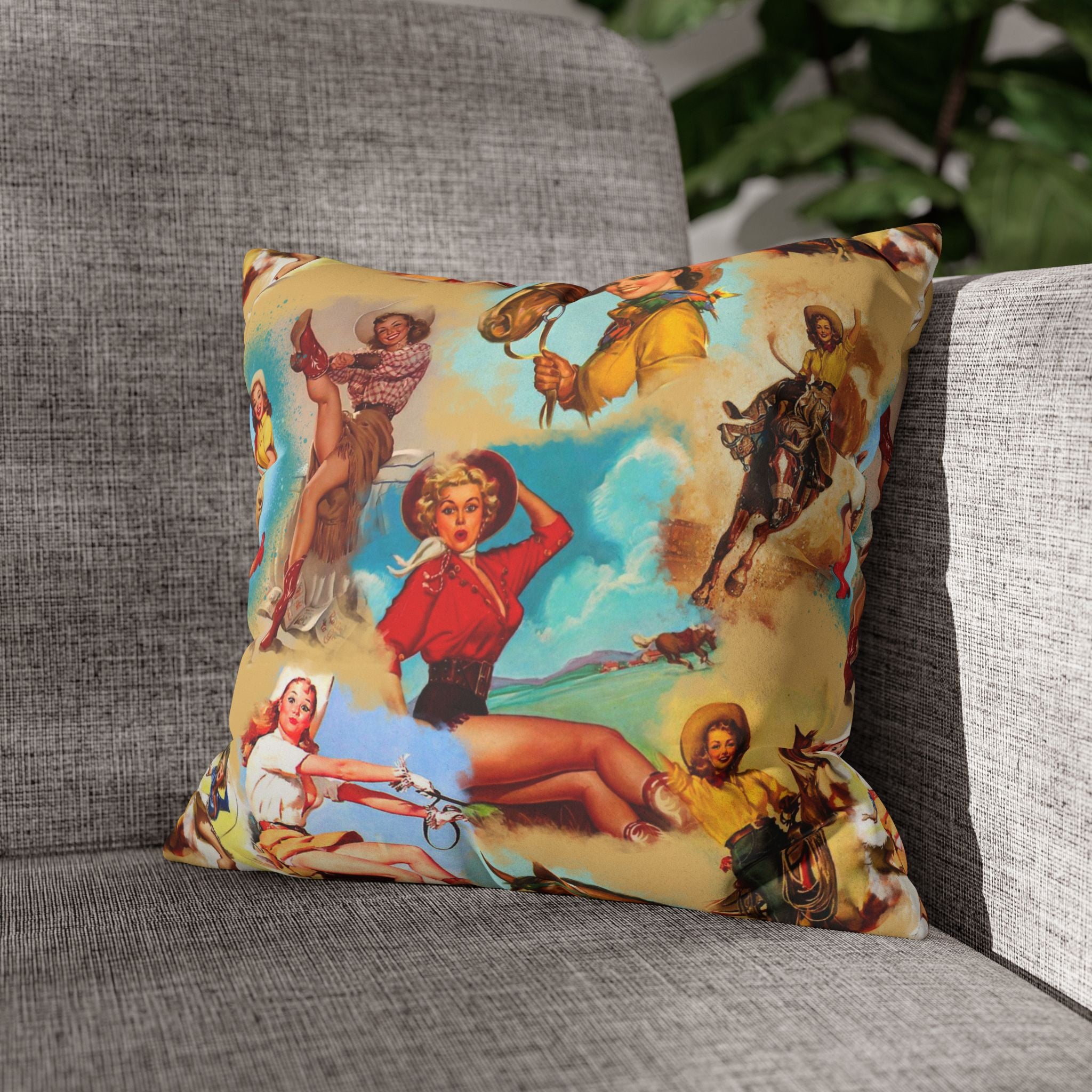 Western VINTAGE Cowgirl Throw Pillow Cover, Retro Western Decor Accent