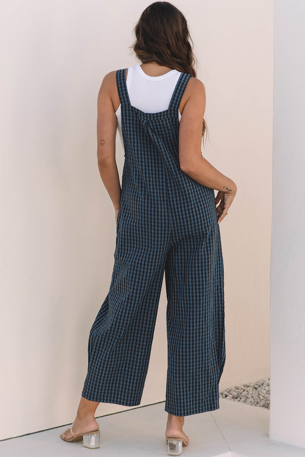 Blue Plaid Jumpsuit – Women's Pocketed Overalls Romper, Wide Leg Adjustable Summer Outfit