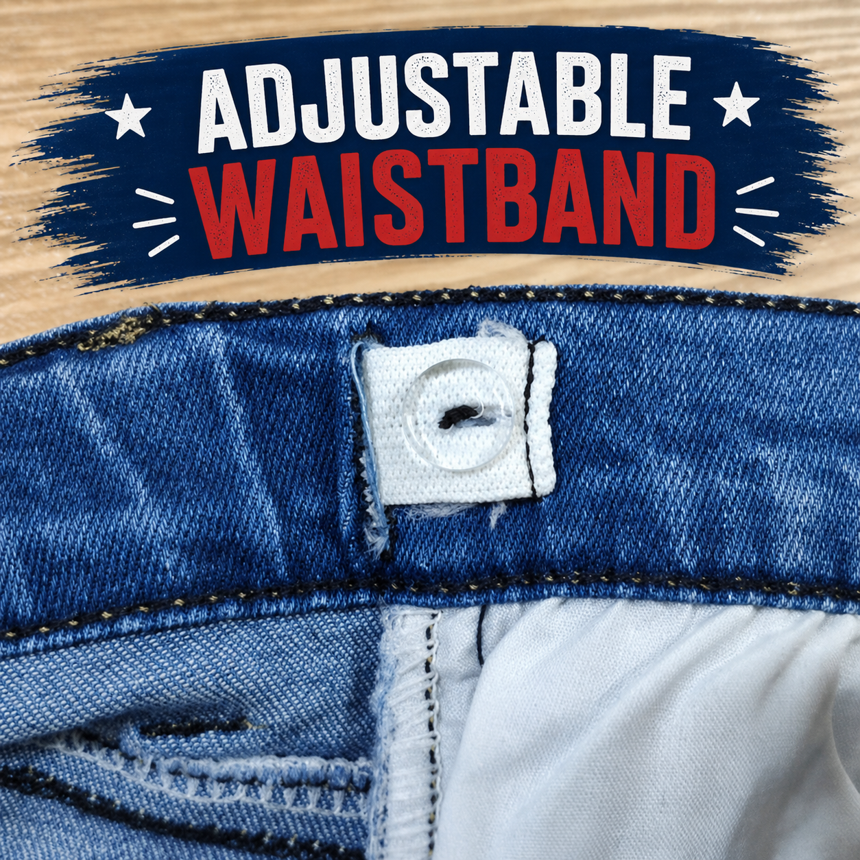 CLOSEUP OF ADJUSTABLE WAISTBAND ON Girls American flag bell bottom jeans featuring a split stars-and-stripes design with one leg in navy star print and the other in red and white stripes. Made from stretch denim with a mid-rise fit, functional front and back pockets, and belt loops. Adjustable waistband with button and zipper closure for a better fit. Finished with a tiered ruffle bell bottom hem for added flare. Available in sizes 6–12M through 14/16.