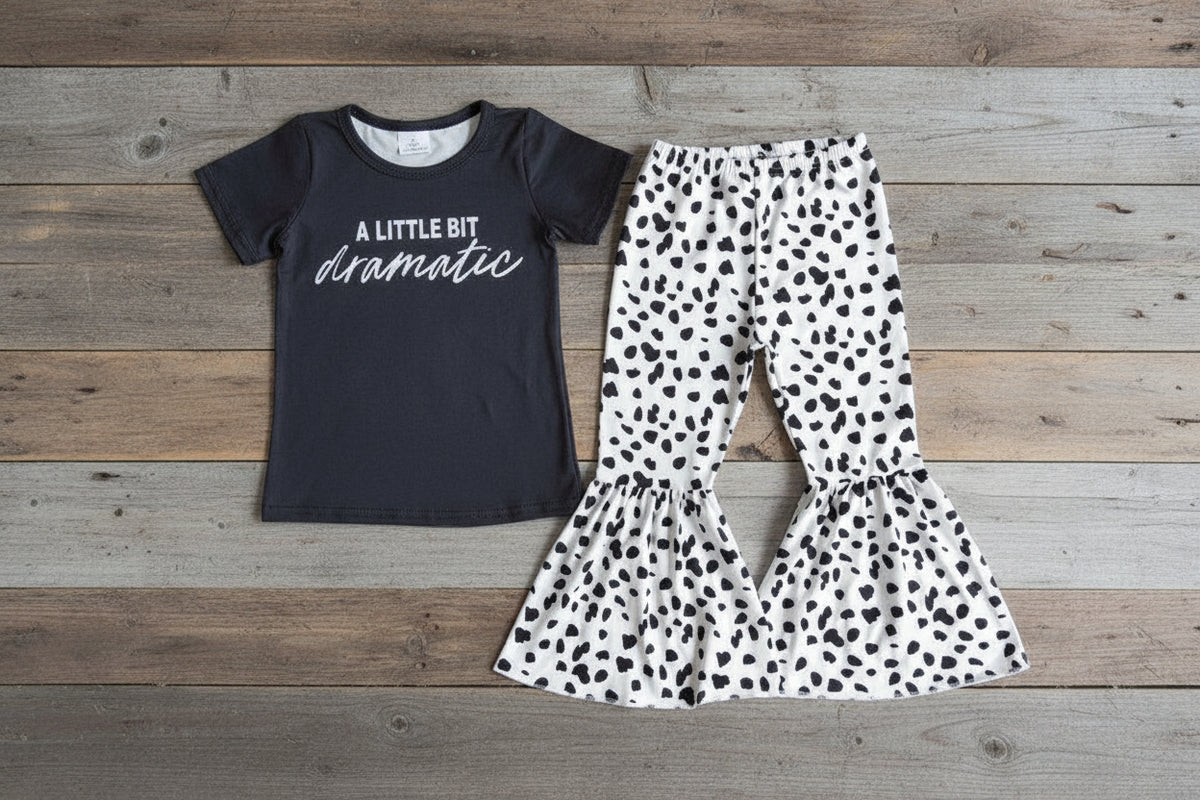A Little Bit Dramatic Outfit, Girls Bell Bottom Set, Spotted Flare Pants ON BARNWOOD BACKGROUND