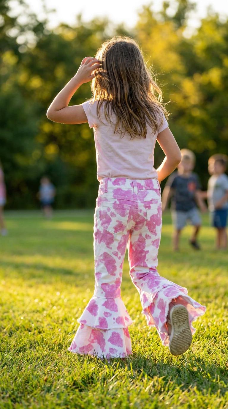 GIRL RUNNING ACROSS PARK WEARING rAZELS BUBBLEGUM PINK COWPRINT JEANS