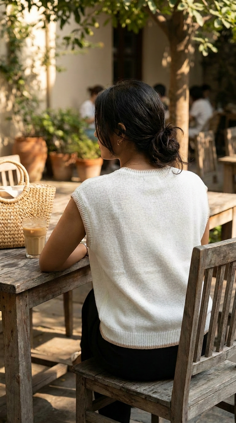 Woman sitting at an outdoor table with a drink, surrounded by greenery and other people. WEARING RAZELS WESTERN SWEATER CAP SLEEVE SUMMER TOP