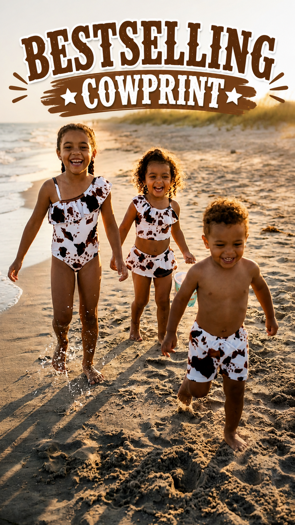 3 KIDS RUNNING ALONG THE BEACH WEARING BESTSELLING COWPRINT SWIMSUITS FOR KIDS FEATURING A GIRLS ONE PIECE, GIRLS SKIRTED TANKINI AND BOYS SWIM TRUNKS OR DAY SHORTS