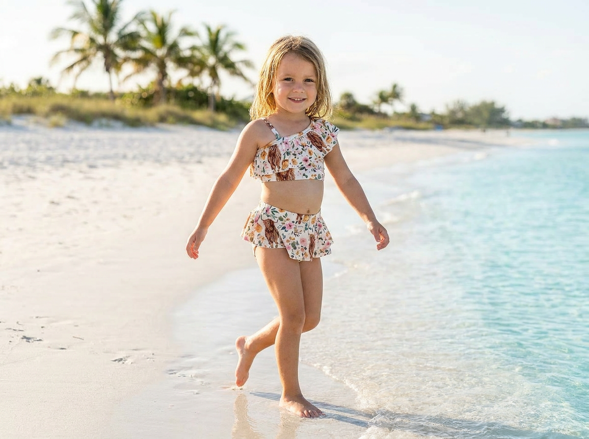 GIRL AT BEACH WEARING COTTISH HIGHLANDER cow print AND FLORAL PRINT SKIRTED TANKINI swimsuit