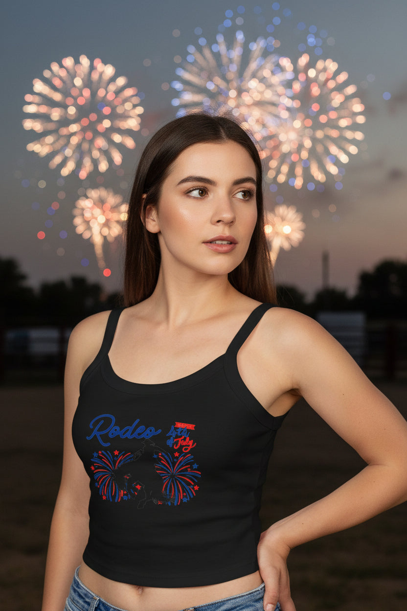 Rodeo Crop Tank – Bronc Rider & Fireworks for the 4th of July
Celebrate Independence Day with a little rodeo flair! This cropped spaghetti strap tank features our bold bronc rider silhouette bursting through red, white, and blue fireworks—perfect for cowgirls who love freedom, fashion, and a little yeehaw energy 🤠🎆
Made from a buttery-soft cotton blend with supportive thick straps, it’s made for sunny parades, backyard BBQs, or dancing under fireworks.