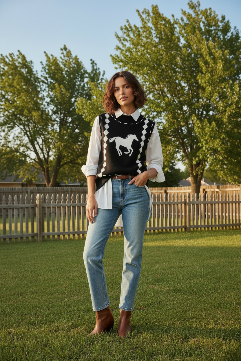A woman stands on a grassy lawn wearing a white long-sleeve collared shirt, a black sleeveless vest with white embroidered trim and a white horse motif, light blue jeans, and brown ankle boots. Trees and a wooden fence are visible in the background.