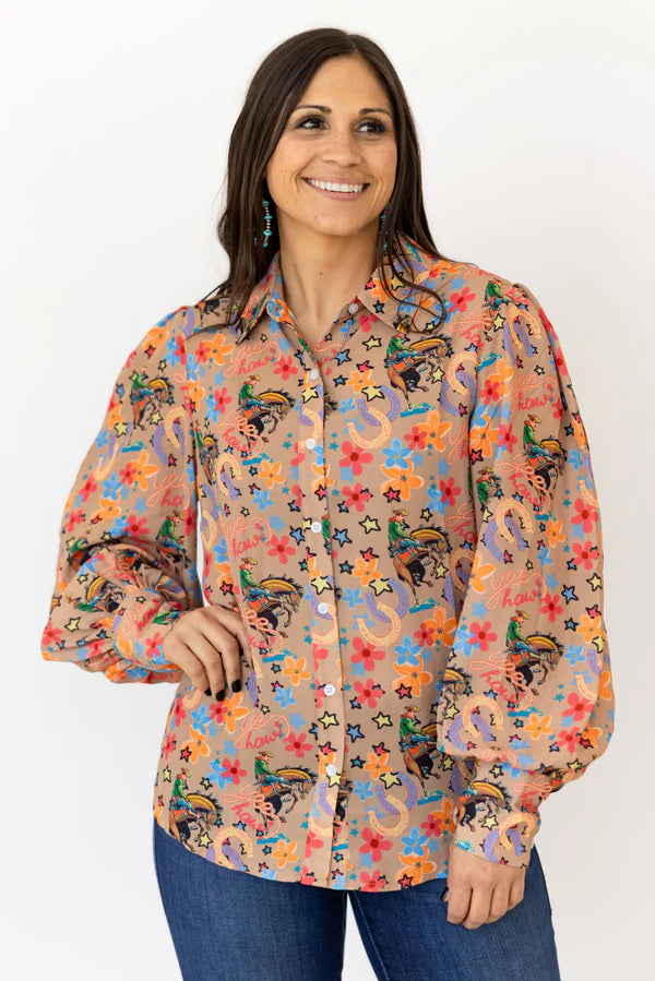 Yeehaw Rodeo Western Button-Up Top – Colorful Bronc & Floral Print Blouse | Women’s Boutique Shirt